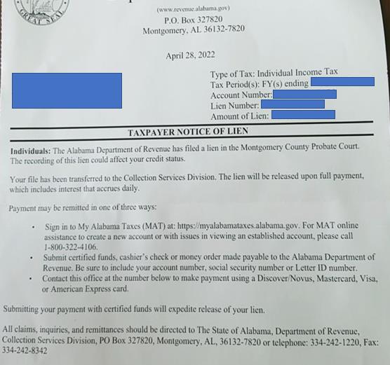 Tax Lien Letter